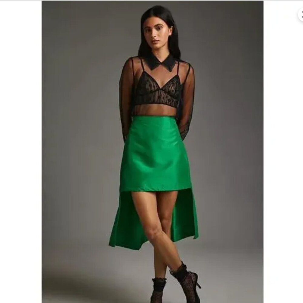Maeve Emerald Green Asymmetrical High-Low Satin Skirt